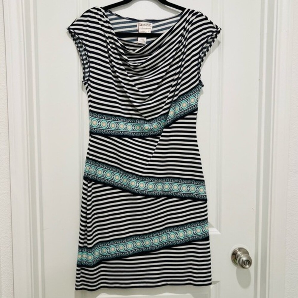 NWT Max Studio Cap Sleeve Cowl Neck Sheath Dress Womens Sz Large Striped Stretch